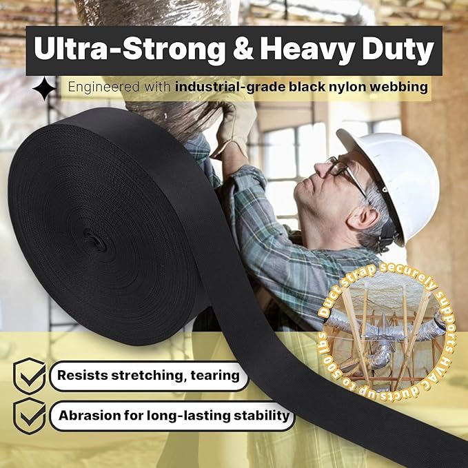 2 Pack Heavy Duty Duct Strap – 1.95 in x 147 ft Black Nylon Strapping for HVAC Duct, Durable Wrap Support Band for Building & Home Improvement