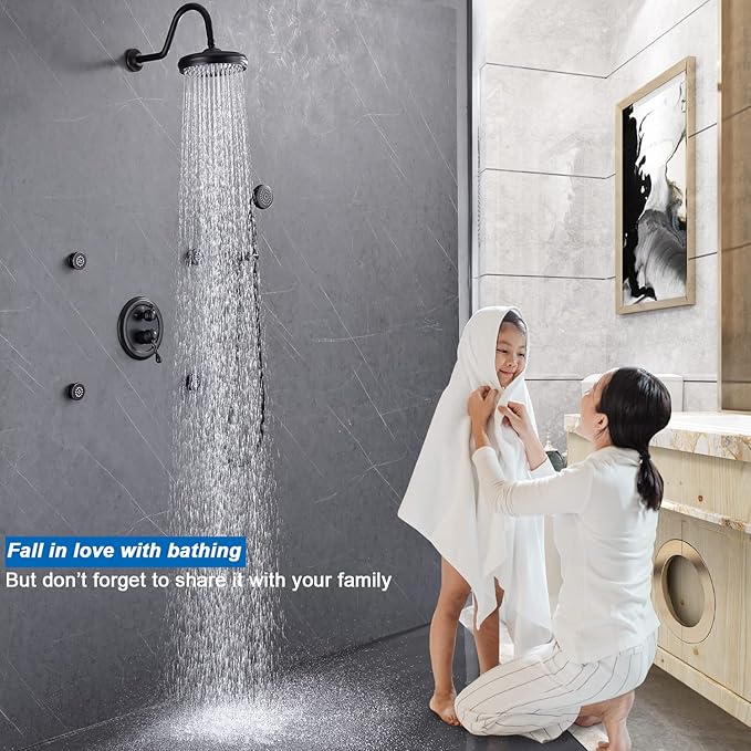 ENGA Antique Shower Faucet Sets Complete Oil Rubbed Bronze Shower System with Jets 8 inch Rainfall Head and Handheld Spray Fixtures Combo, 3 Way Diverter Brass Rough in Valve Trim Kit