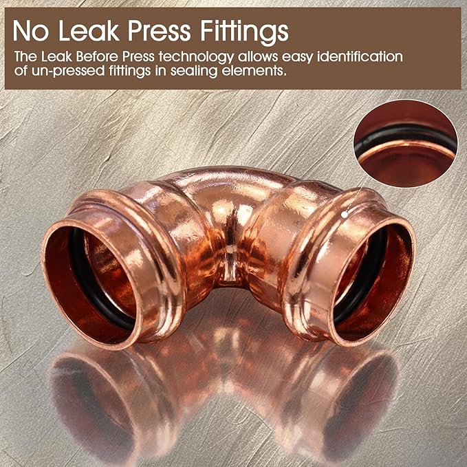 Copper Press Fittings,1 inch Copper Coupling 90 degree Elbow Coupling Zero Lead PxP 1 inch x 1 inch,6PCS 90-Degree Elbow with 1-Inch for Plumbing,OD 1-1/8”,Use with Hydraulic Press Fitting Tool