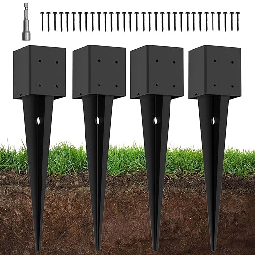 4 Pack 4x4 Fence Post Anchor Ground Spike – Heavy Duty 32" Metal Post Base (Fit 3.6"x3.6") Black Powder-Coated for Mailbox, Deck, Fence, Railing