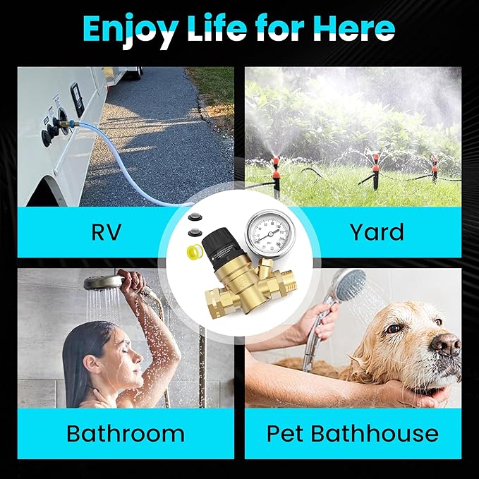 Water Pressure Regulator for RV and Garden Lead-Free Brass Adjustable Water Pressure with 0-160 PSI Silicone Oil Gauge and Screen Filter Use in Camper, Trailer, RV Plumbing System