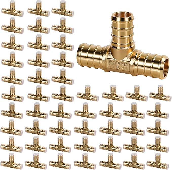 PEX Fittings 1/2 Inch, 50PCS Tee Lead-Free Brass Connectors for PEX B Pipe, NSF UPC Certified, ASTM F1807, Compatible with Crimp/Clamp Rings (Hot/Cold Water, Hydronic Heating)