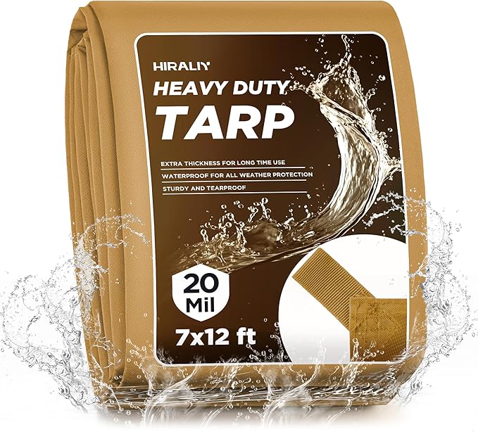 HIRALIY 20 Mil Heavy Duty Waterproof Tarp, 7x12ft Brown Tarpaulin with Reinforced Webbing Loops, Multipurpose Oxford Fabric Tarp for Firewood, Roof, Camping, Pool