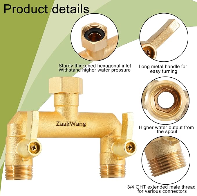 Heavy Duty Brass Garden Hose Splitter 2 Way - Upgrade Full Flow Hose Bib Adapter with Water Shut Off Valves and Long Metal Handles, Rust and Frost Resistant Outdoor Faucet Diverter
