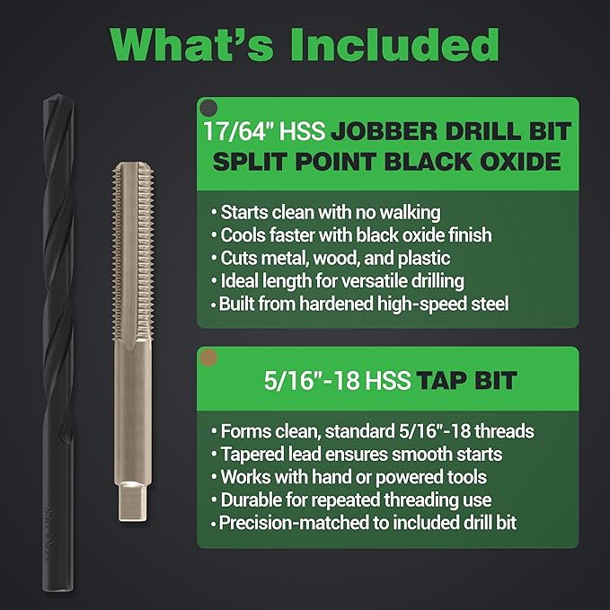 Hovr Solutions Aluminum Floating Shelf Installation Bit Pack with 1x17/64 Steel Drill Bit and 1x5/16 Tap Bit for Hovr Bracket System
