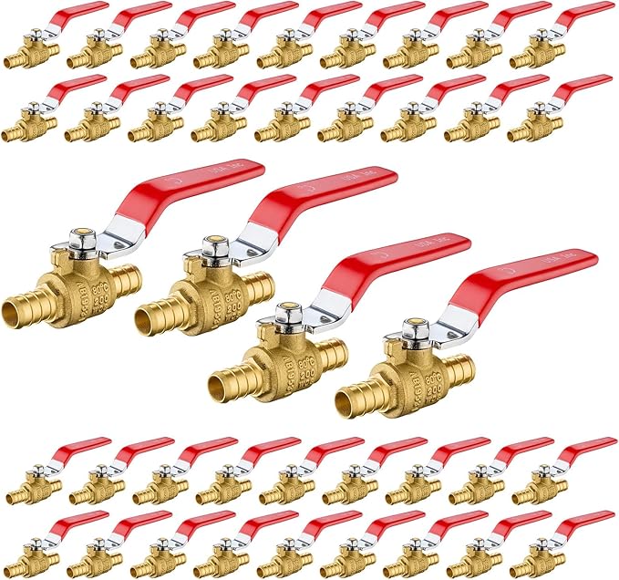 40-Pack Foskan 1/2 Inch PEX Crimp Full Port Ball Valve with Red Handle, Brass Quarter Turn Shut-off Valve for PEX Tubing