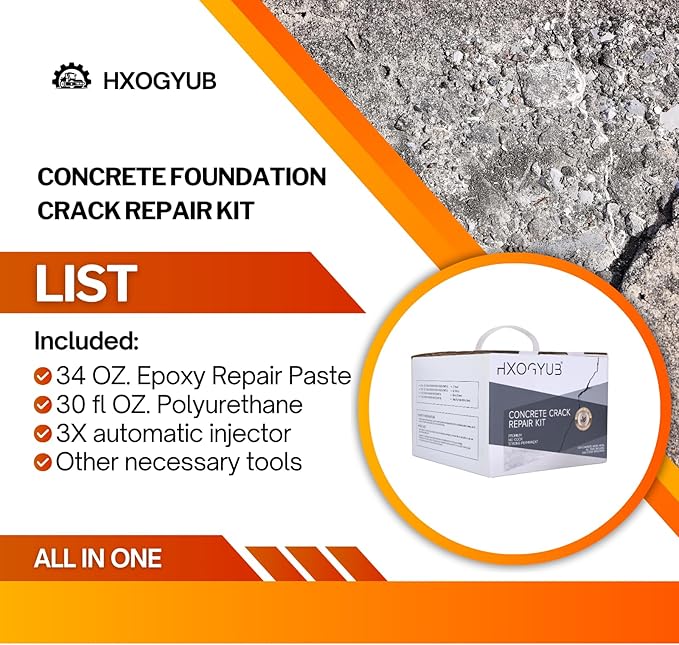 Concrete Foundation Crack Repair Kit, with Automatic Injector, High Performance, Filler for Wall Cracks, Stops Water Leaks & Radon Gas, Drill-Free, Quick-Setting Waterproof Sealing Solution