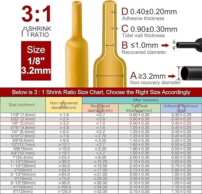 Chanzon 3:1 Ratio 1/8" (3.2mm) Heat Shrink Tubing - Marine Grade Waterproof Adhesive Lined - 8Ft Roll (2.5M Total Length) Yellow Polyolefin Sleeving Wrap Shrinking 3 to 1 Ratio 1pcs