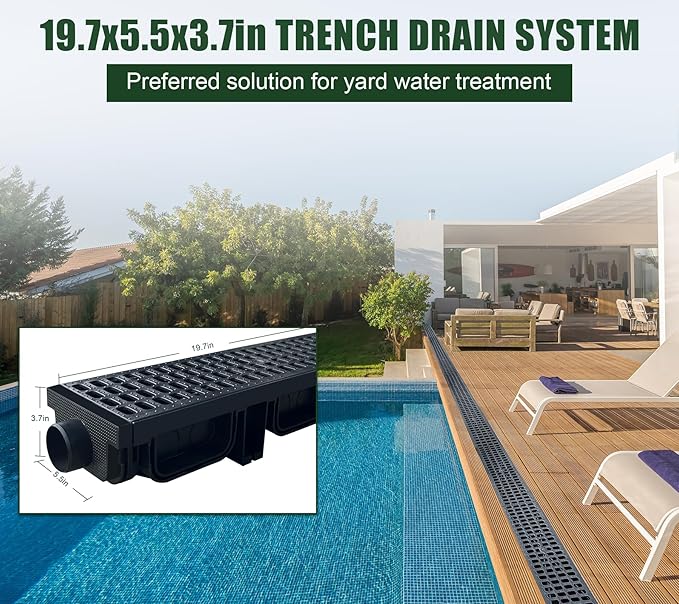 HDPE Channel Drain with Grates-19.7x5.5x3.7 in. Trench Drain System,2 Pack Total Length 39.4 in,Yard Drainage System with 2 Outlet Adapters for Outdoor,Yard Fence,Pool,Sidewalk,Patio
