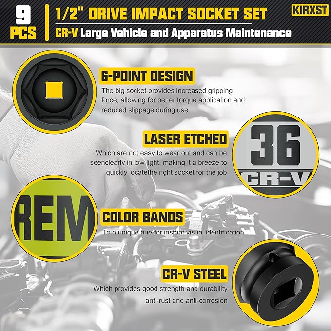 9 Piece 1/2" Drive Impact Socket Set, Metric Axle Nut Sockets, 29-38mm Thicker Jumbo Sockets, Socket Set, 6 Point, Cr-V Steel for Auto Repair