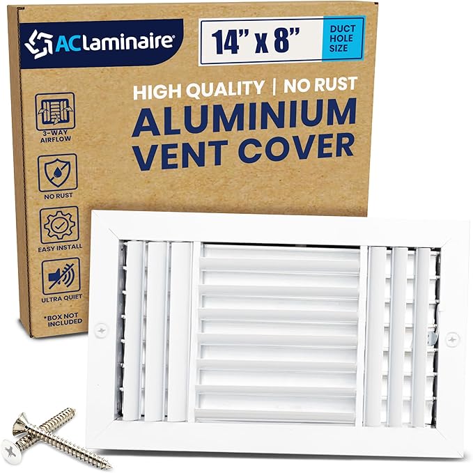 14x8 Inch (Duct Opening) Aluminum 3-Way Air Flow Vent – HVAC Vent Cover for Wall or Ceiling – Quiet HVAC Wall Register with Multi-Shutter Damper – Adjustable Curved Blade - Plastic Seal for Tight Fit