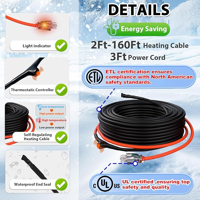 HEATIT 35ft Self-Regulating Pipe Heating Cable for Pipe Freeze Protection, Automatic with Built-in Thermostat for Metal And Plastic Home Pipes, Energy-Saving Heat Tape for Pipes ETL Listed, 120V 3W/FT