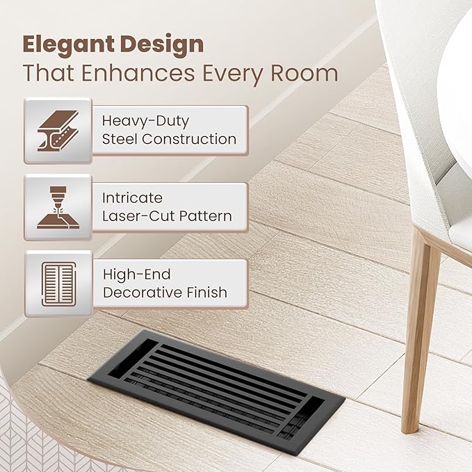 Floor Register 4x10 Vent Cover – 2 Pack – Heavy-Duty Steel, Rustproof & Walkable Grates, Drop-in Install, Adjustable Air Supply Switch - Decorative Straight Line Design, Textured Black