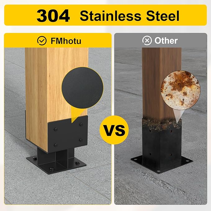 6"x 6" Concrete Post Base, 4Pcs Stainless Steel Adjustable Post Anchor Bracket (Internal 3.5 x 3.5), U-Shape Wood Post Base Holder for Pavilion Deck Porch Handrail Railing Support