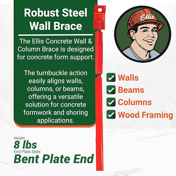 Ellis Manufacturing Company Concrete Wall & Column Brace with Bent Plate - Concrete Form Support - Adjustable Turnbuckle Tensioner for Wall Bracing, Beam Alignment, & Concrete Forms