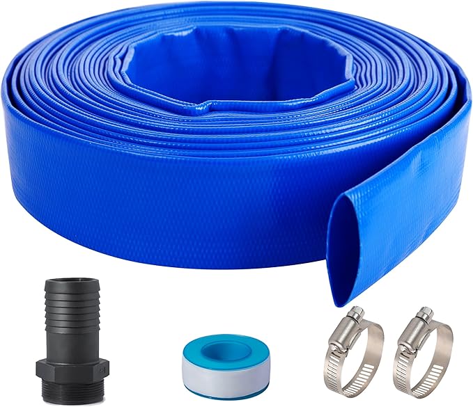 1-1/2" (Flat 2.6’’ width) x 100 FT Pool Backwash Hose Kit with Male NPT Adapter, Blue Reinforced Pool Drain Discharge Hose for Swimming Pool Filter Pump,with 2 Clamp and Thread Seal Tape