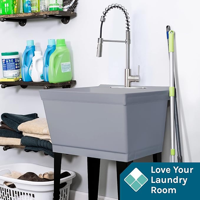 Utility Sink Extra-Deep Laundry Tub in Grey with High-Arc Stainless Steel Coil Pull-Down Sprayer Faucet, Integrated Supply Lines, P-Trap Kit, Heavy Duty Floor Mounted Freestanding Wash Station