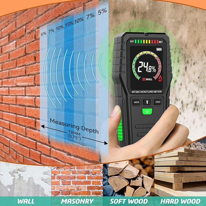 RDINSCOS Moisture Meter detects moisture from leaks, flooding, or high humidity in basements, bathrooms, kitchens and drywall