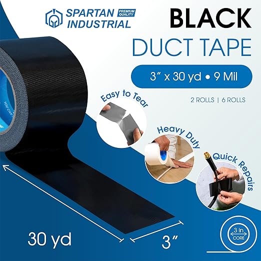 SPARTAN INDUSTRIAL - 3" X 30 yd Water-Resistant Black Tape - 6 Heavy-Duty Duct Tape Rolls for Indoor and Outdoor Use - No Residue, 9 Mil