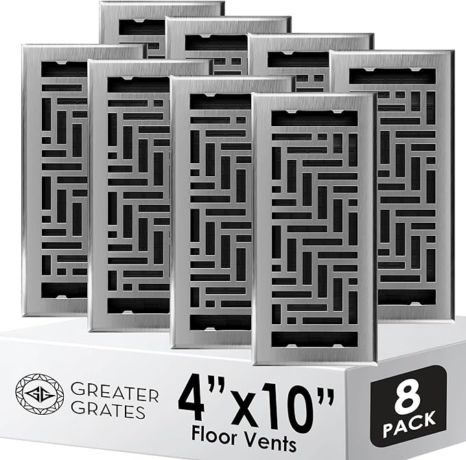 Floor Register 4x10 Vent Cover – 8 Pack – Heavy-Duty Steel, Rustproof & Walkable Grates, Easy Drop-in Install, Adjustable Air Supply Switch - Decorative Herringbone Design, Brushed Nickel