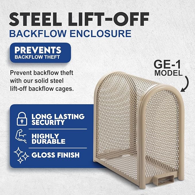 Steel Protection Backflow Preventer Security Cage for Outside - Small - Tan - Guardian Enclosures - Cage Dimensions, Internal 11 1/8″ W x 24″H x 23″ L, External 13 3/8″ W x 24″ H x 27 3/8″ L