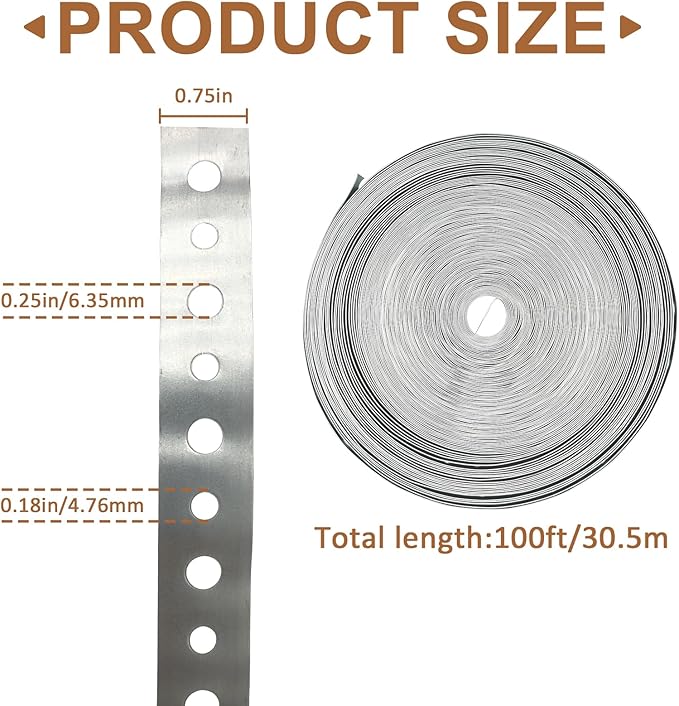 2Pack Galvanized Pipe Hanger Strap Metal Pipe Strap 3/4-Inch x 100-Feet 24-Gauge for Pipe Support Metal Strapping with Hole Flexible Trimming