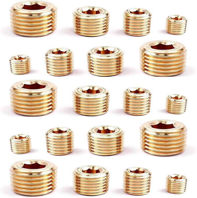 20PCS Brass Pipe Plug Fitting 1/4" 1/8" 3/8" 1/2" NPT Male Plug Hex Counter Sunk Plugs,Internal Hex Thread Socket Pipe Plugs Kit