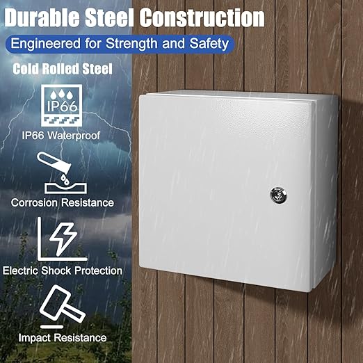 LeMotech Electrical Box 12 x 12 x 6 inch Junction Box, IP66 Waterproof Dustproof Steel Enclosure Wall-Mounted for Outdoor/Indoor Lockable with Equipment Mounting Plate