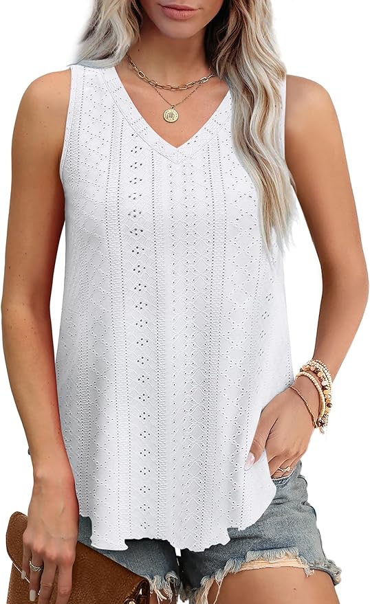 OFEEFAN Womens Tank Tops V Neck Sleeveless Flowy Loose Fit Basic Casual Summer Tops