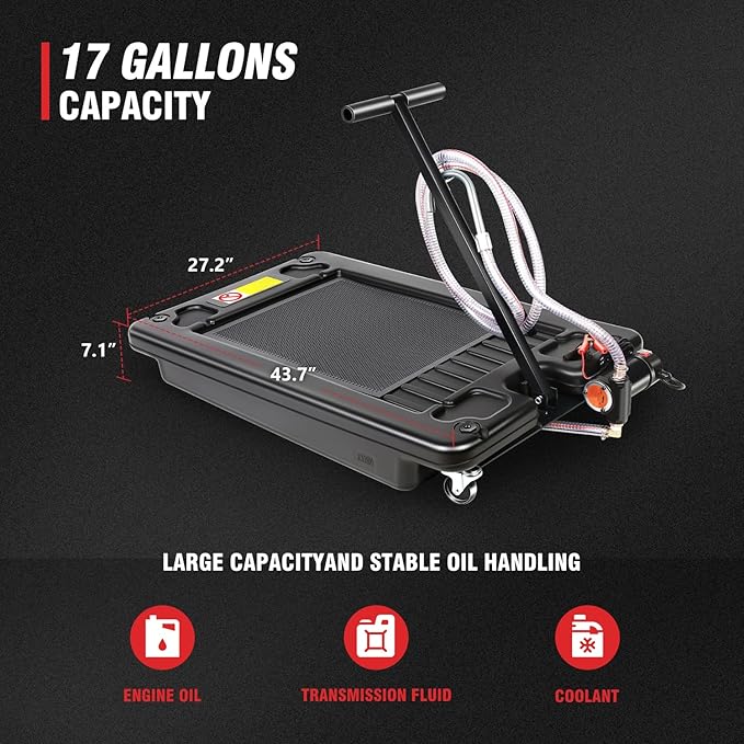 DNA Motoring 17 Gallon Electric Oil Drain Pan with Pump, Evacuation Hose, T-Handle, Low Profile for Trucks Buses RVs, TOOLS-00383