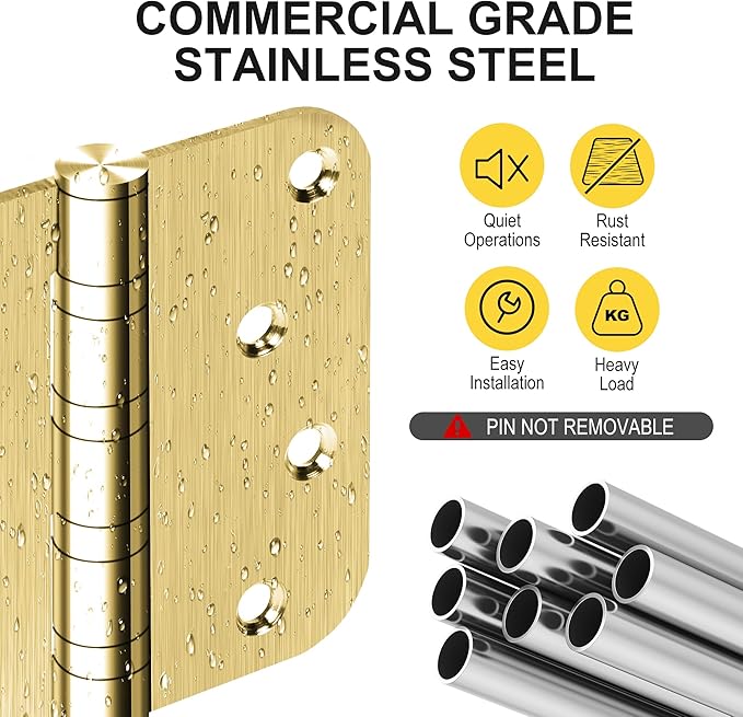 6 Pack 4" Heavy Duty Door Hinges with 5/8'' Radius Corner, 4in x 4in Stainless Steel Door Hinges for Exterior & Interior Doors, Smooth and Quiet (Gold)