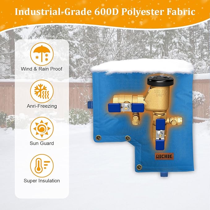 Backflow Preventer Insulated Cover (5°F) for Winter Freeze Protection, 13" W x 12" H Thickened Pressure Vacuum Breaker & Well Pump Cover, Outdoor Waterproof Insulation Pouch for Sprinkler Valve, Blue