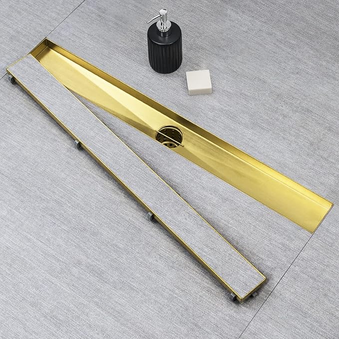 SaniteModar Linear Shower Drain, Gold Shower Drain 32 inch with 2 in 1 Tile Insert and Flat Panel, AISI 304 Stainless Steel Gold Linear Shower Drain with Hair Strainer and Leveling Feet