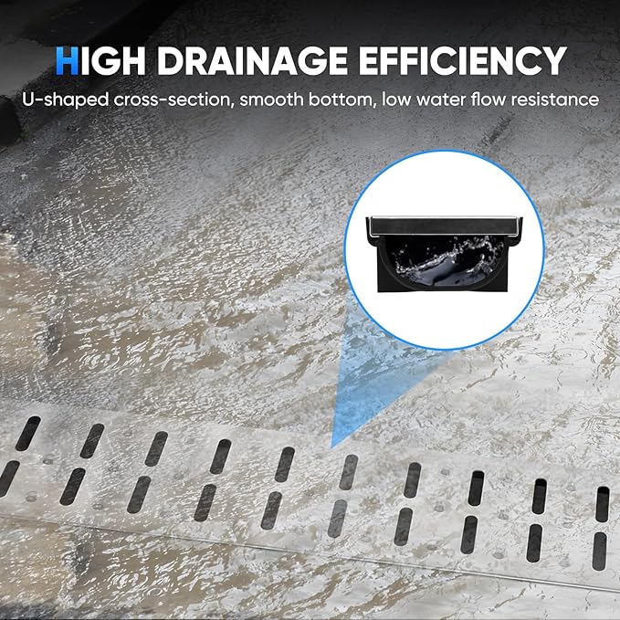 FAHKNS 5 Pack Trench Drain System, HDPE Channel Drainage with 304 Stainless Steel Metal Grate, Durable Garage Flooring Drain for Driveway, Garden, Patio, Pool Deck, Easy to Install