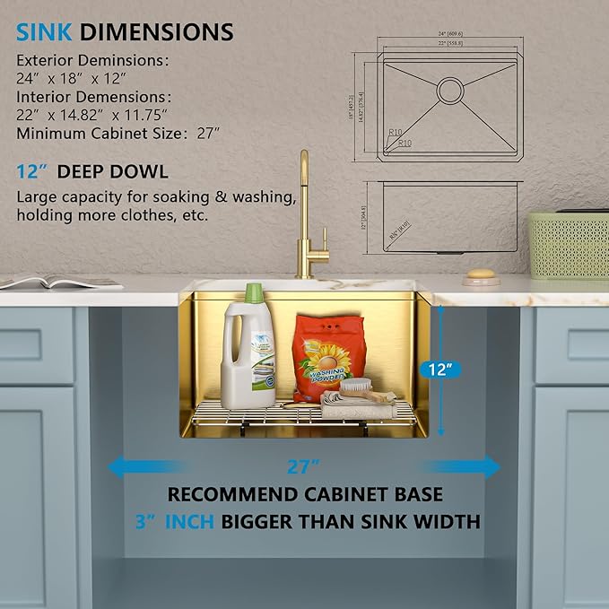 24"x18" Undermount Laundry Utility Sink Workstation – Brushed Gold NANO-PVD, 16 Gauge 304 Stainless Steel, 12 Inch Deep Single Bowl Basin for Laundry Room, RV or Utility Use