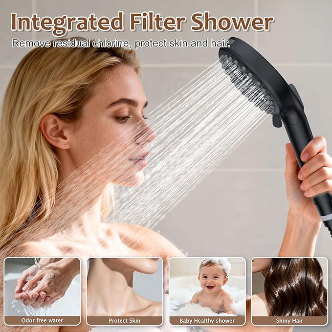 Iriber Mattle Black Round Rain Shower System Faucet Set，Filtered Shower Head with Handheld, Modern Bathroom 9 Spray Mode Showerhead with Filters,Shower Valve Trim Kit Contain Cartridge,10 Inch