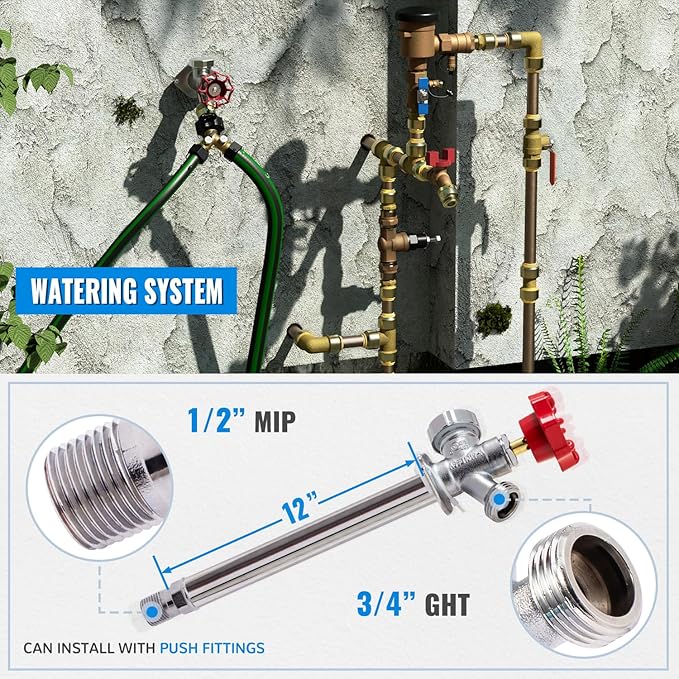 SUNGATOR 12 Inch Frost Free Sillcock, Anti-Siphon Outdoor Hose Valve, 1/2" MIP x 3/4" GHT Hose Bibb, No Lead Brass Garden Faucet/Spigot, MIP End for Both Pushfit and Threaded Connection
