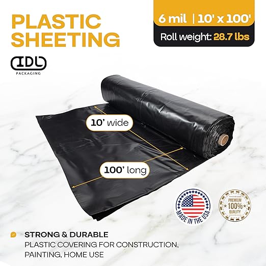 Black Construction Plastic Sheeting 6 mil, 10' x 100' (1000 sq. ft.) - Heavy Duty Plastic Cover for Construction & Painting - LDPE Film Roll - Heavy Duty Plastic Sheeting Roll by IDL Packaging