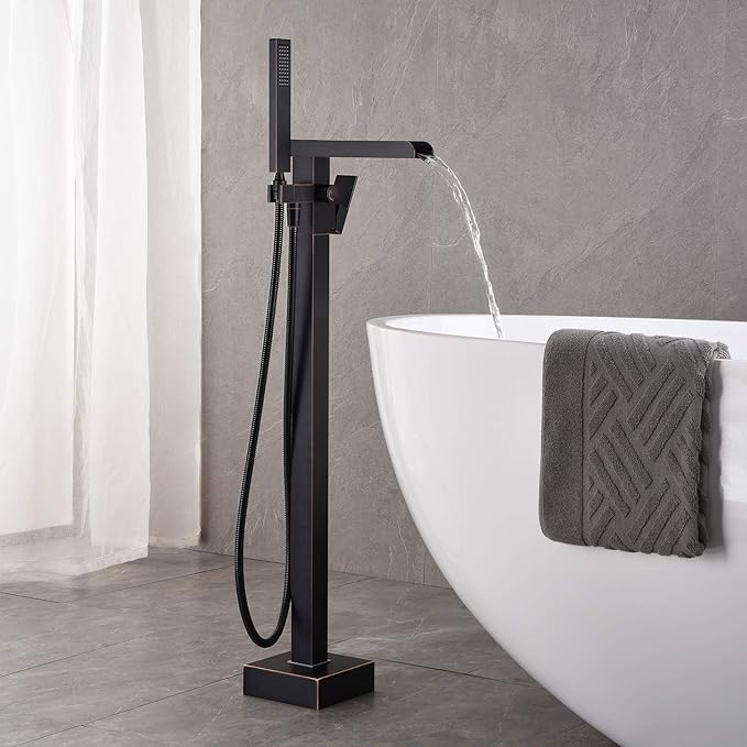 Freestanding Bathtub Faucet Tub Filler Waterfall Single Handle Oil Rubbed Bronze Floor Mounted Faucets with Handheld Shower