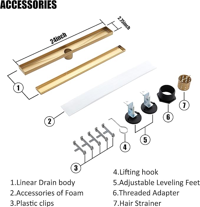 24 inch Linear Shower Drain with Removable Square Hole Panel by Using Brushed 304 Stainless Steel Process, Linear Drain Equipped with Adjustable Feet and Hair Strainer(Brushed Gold Color)