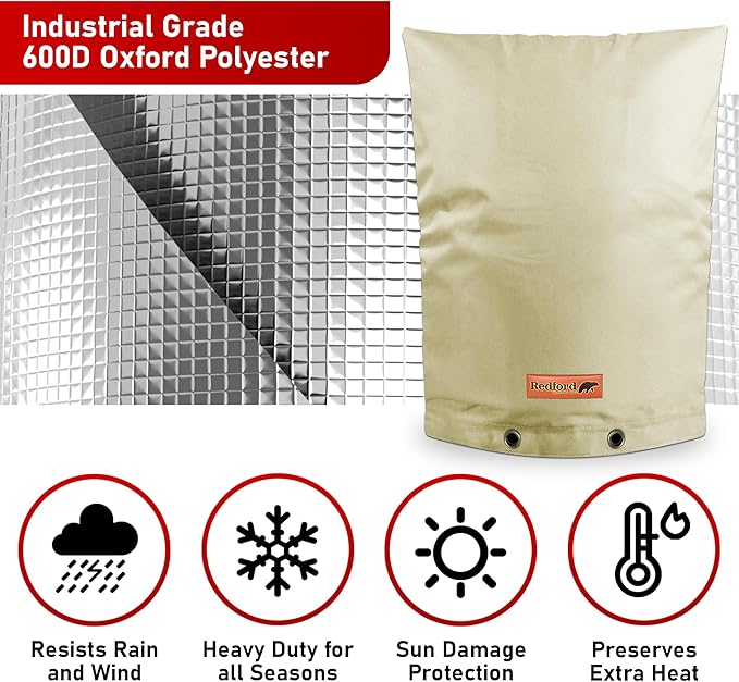 Redford Supply Co. Cold Snap (5°F) Backflow Preventer Insulation Cover, 16"W x 20"H, Pipe Insulation, Water Sprinkler Covers for Outside, Sprinkler Backflow Cover for Winter, Well Pump Bag (Beige)