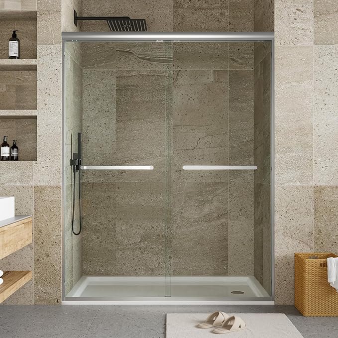 8mm Double Sliding Shower Door - 56 to 60 Inch Adjustable Width x 72 Inch Height - Space-Saving Bypass Shower Enclosure with Square Track Frame & Brushed Nickel for Modern Bathroom