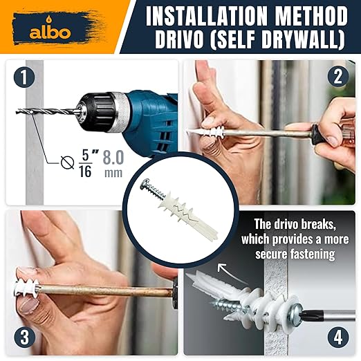 ALBO #8-100 pcs Self Drilling Drywall Anchor Set Hollow Wall with Screws (White Anchor 50pcs + Screws 50pcs) Plastic E-Z Ancor Kit