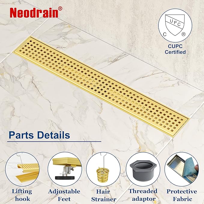 Neodrain 18-Inch Brushed Brass Linear Shower Drain with Removable Quadrato Pattern Grate,Professional 304 Stainless Steel Gold Rectangle Shower Floor Drain Manufacturer,Linear Drainwith Hair Strainer