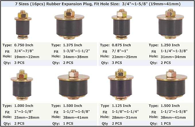 16pcs 7 Sizes Automotive Expandable Freeze Plugs Kit,Rubber Expansion Plug, Fit Hole Size:3/4" 7/8" 1" 1-1/8" 1-1/4" 1-3/8" 1-1/2" (19mm~41mm)