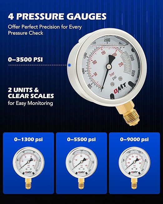 Orion Motor Tech Hydraulic Pressure Test Kit with 4 Gauges 1300 3500 5500 9000 psi, 9 Test Couplings, Quick Connector, & 3 Test Hoses, Hydraulic Gauge Kit for Excavator Construction Machinery