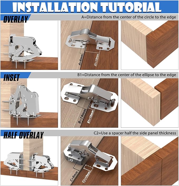 BESTEEL 4 Pack Hidden Hinges Soft Close Surface Mount Kitchen Cabinet Hinges, Concealed Cabinet Hinge for Cabinet Doors Frameless,No Pre-drilled for Kitchen Cupboard, Surface Mount Hinge