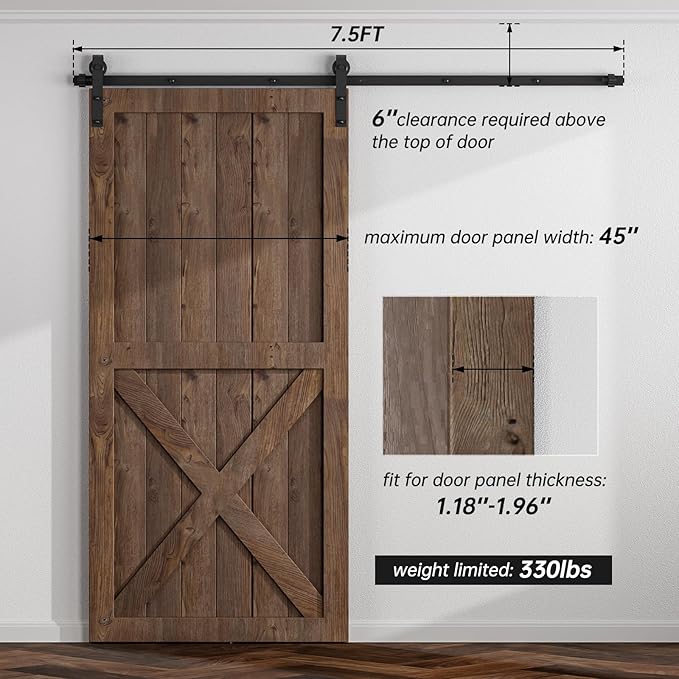 7.5FT Sliding Barn Door Hardware Kit for Single Door, Sliding Door Track, Easy to Install, Smoothly and Quietly, Fit 1.18-1.96" Thicknesses Fit 45" Wide Door (J Shape Hanger)