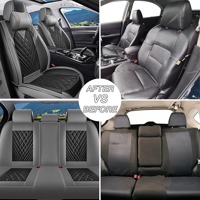 Car Seat Covers for Jaguar E-PACE 2018-2024,Breathable Nappa Leather Car Seat Protector,Front Seat Cover with Pillow Automotive Seat Cushion with Airbag Compatible(Front Seats,Gray-Black)