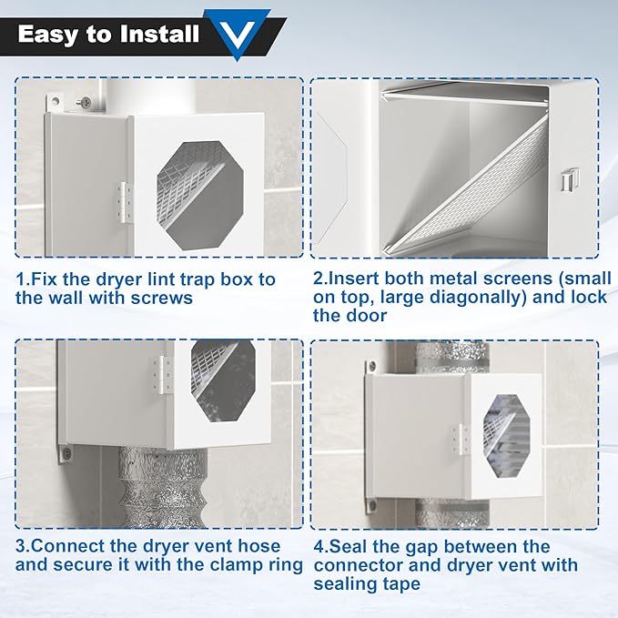 Dryer Lint Trap, Indoor Dryer Vent Kit, Metal Lint Catcher Box with 90 Degree Dryer Vent Elbow Set Vent Duct Hose Clamps Sealing Tape Cleaning Brush Filter Screens Space Saving Connector Kit